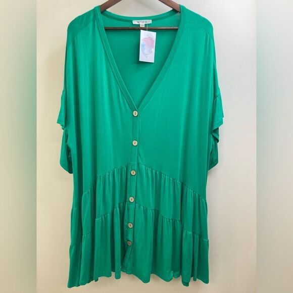EMERALD 2X Tiered Button up Ruffle Sleeve Stretchy Dress - Picture 1 of 10